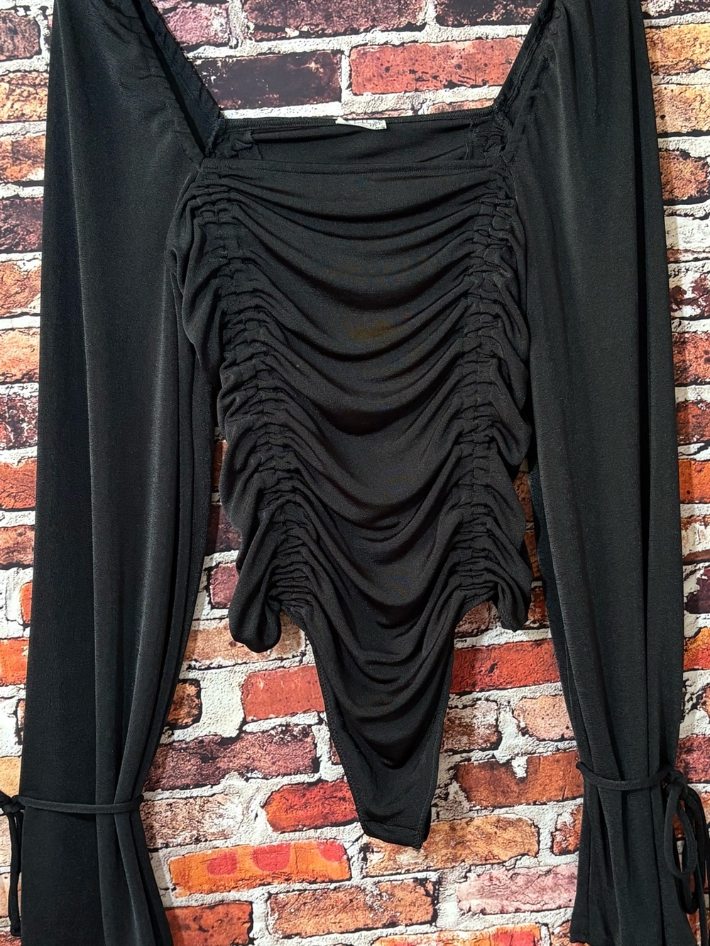 Free People Meant to Be Black Dramatic Ruched Long-Sleeve Bodysuit Whimsigoth XL